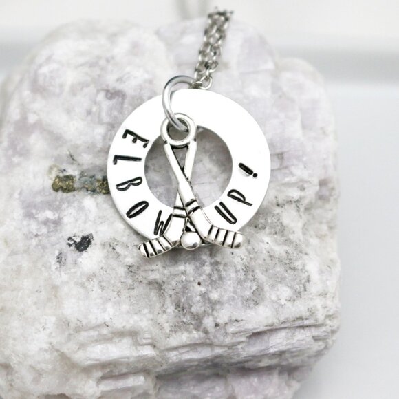 Elbows Up! Hockey Hand Stamped Pendant Necklace - Handmade & Hypoallergenic - Picture 9 of 10